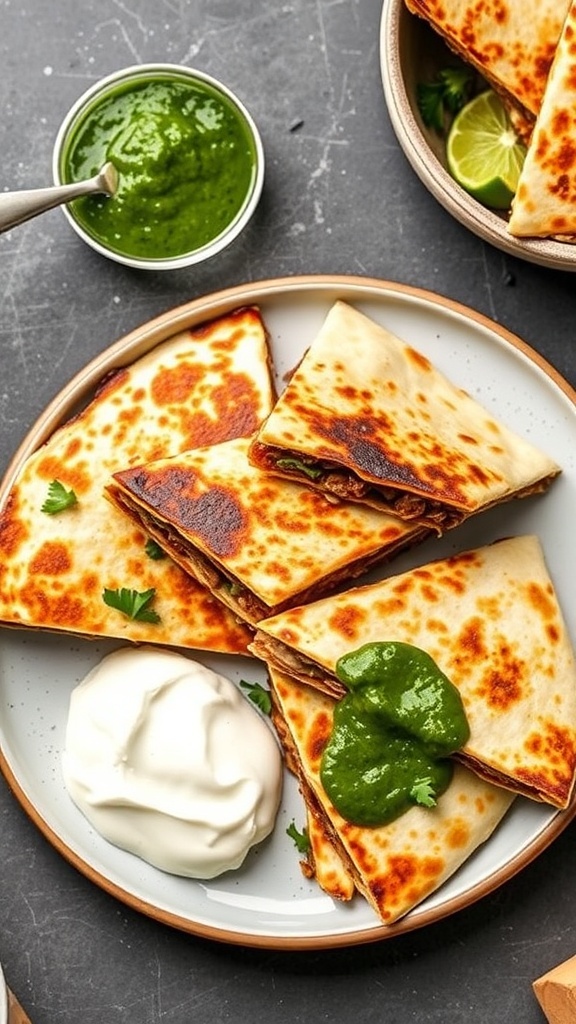 Delicious beef quesadillas served with salsa verde and sour cream