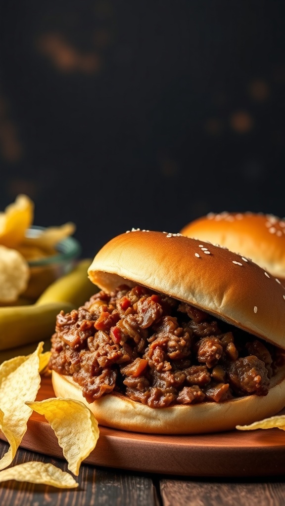 A close-up of a beef sloppy joe on a sesame seed bun, surrounded by potato chips.