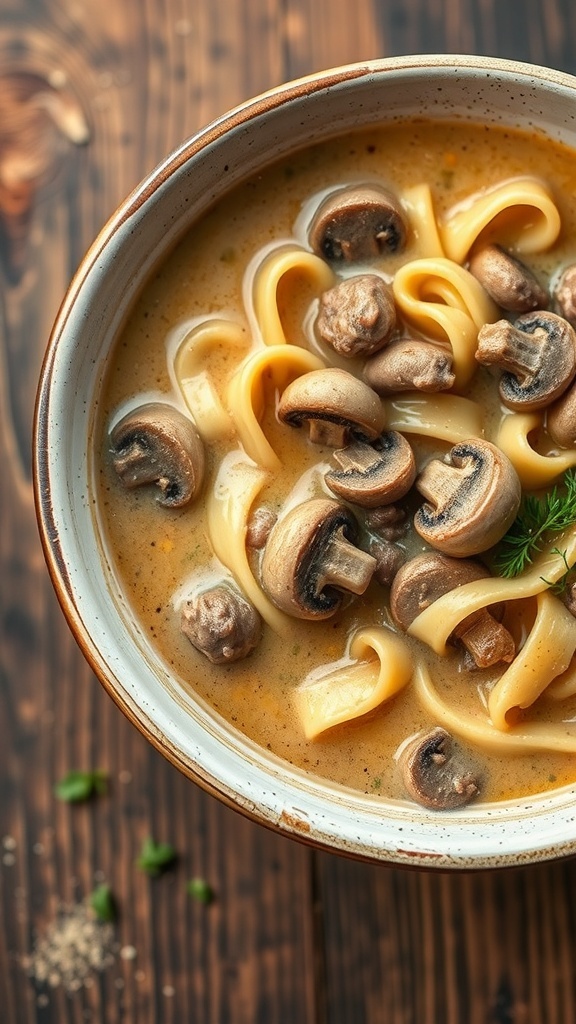 A bowl of Beef Stroganoff Soup with mushrooms and noodles
