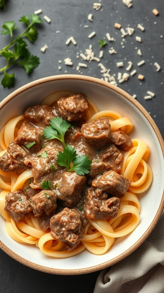 A bowl of beef stroganoff with egg noodles, garnished with parsley.