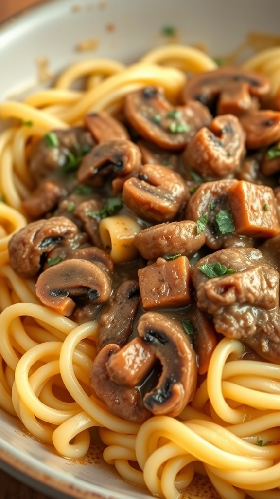 A plate of beef stroganoff served over egg noodles, garnished with fresh herbs.