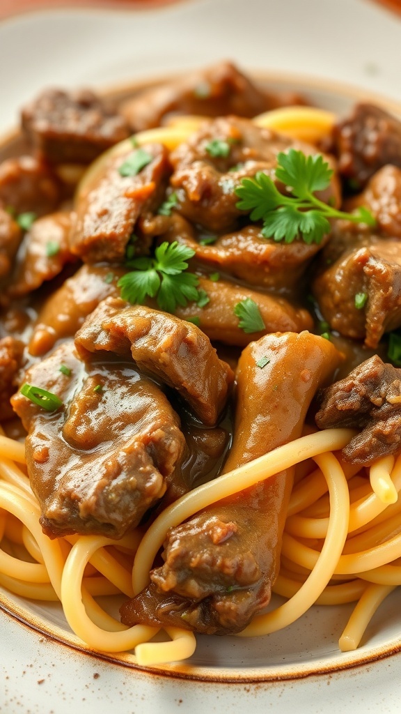 A delicious plate of Beef Stroganoff with egg noodles, garnished with fresh herbs.