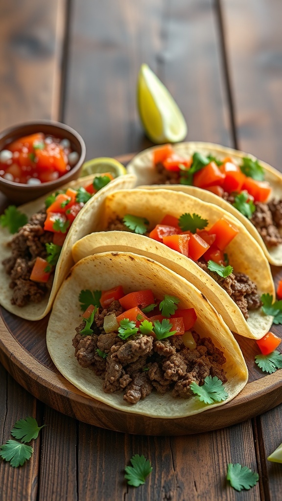 Three beef tacos topped with fresh salsa and cilantro on a wooden platter, with a bowl of salsa and a lime wedge in the background.