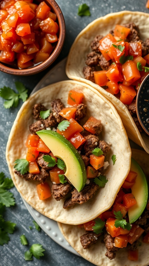 Delicious beef tacos with fresh salsa, avocado slices, and cilantro on a plate.