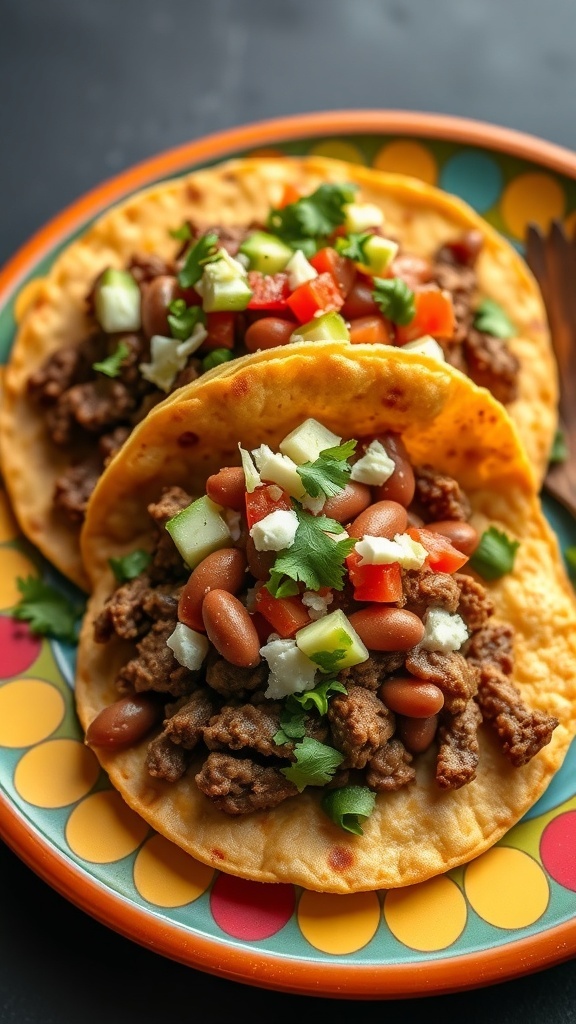 Two beef tostadas topped with refried beans, diced tomatoes, cucumbers, and cilantro on a colorful plate.