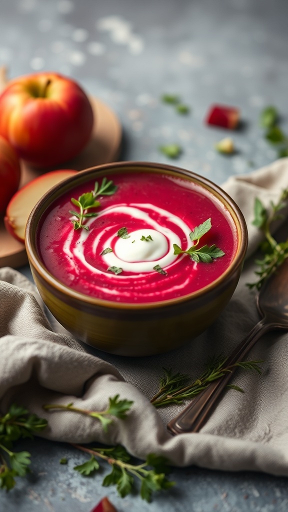 A bowl of beet and apple soup garnished with sour cream and herbs, surrounded by fresh apples.