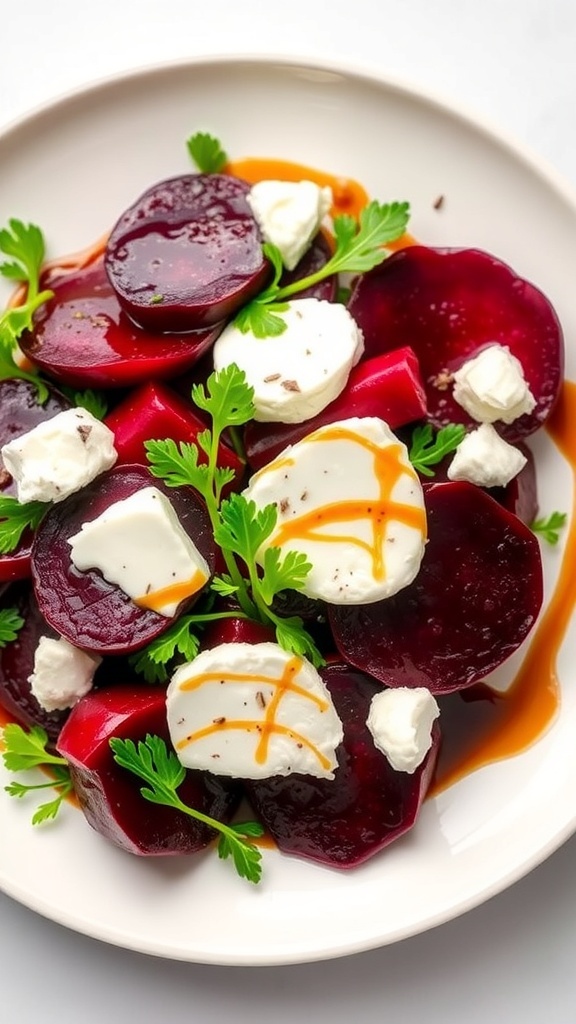 A plate of Beetroot and Goat Cheese Salad with fresh herbs and balsamic drizzle.