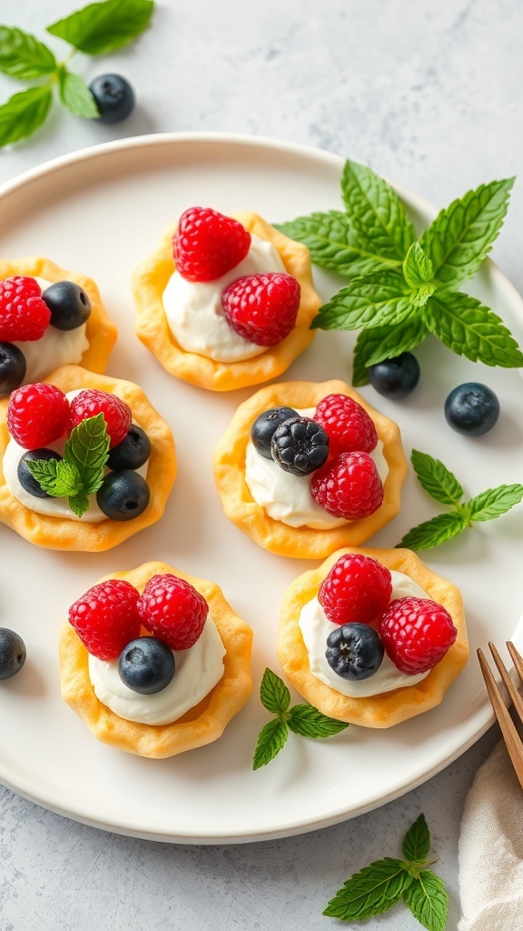 Berry and cream cheese puff pastry bites topped with fresh raspberries and blueberries on a plate.
