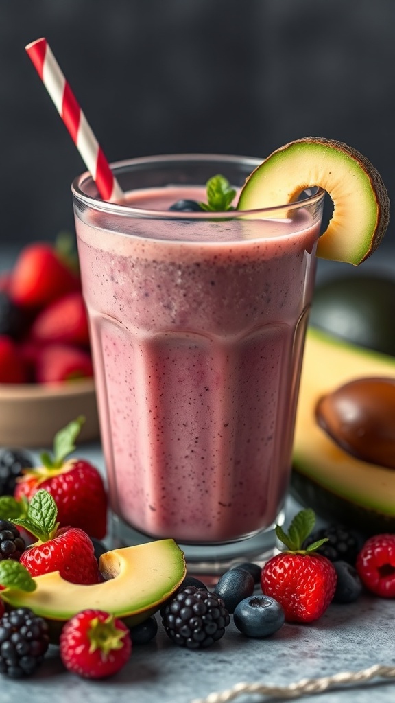 A glass of berry avocado smoothie with a red and white striped straw, surrounded by fresh berries and avocado halves.