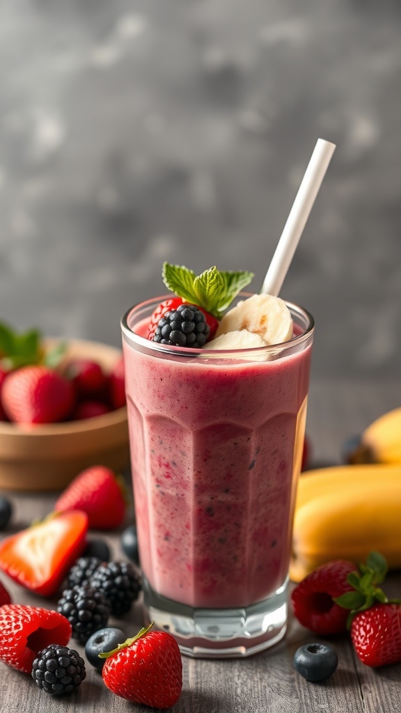 A glass of Berry Banana Bliss smoothie with fresh berries and banana slices