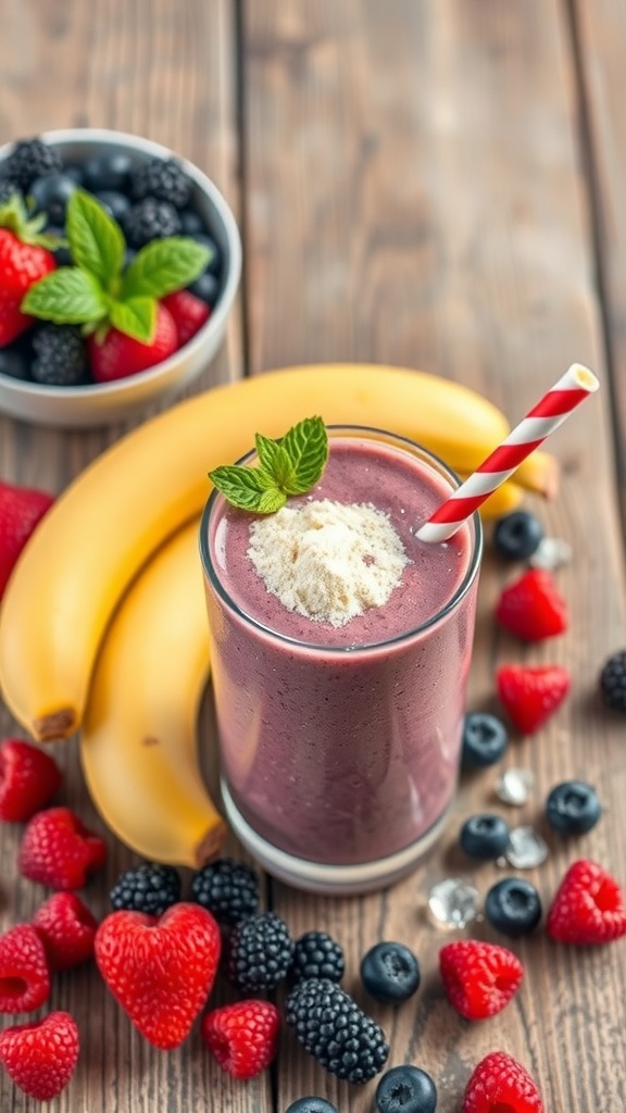 A berry banana smoothie with a straw, surrounded by fresh berries and bananas.
