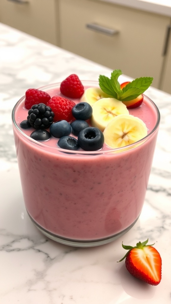 A colorful berry banana smoothie bowl topped with sliced bananas, strawberries, and blueberries.