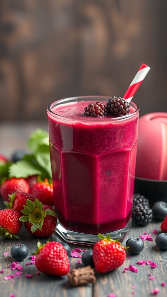 A vibrant Berry Beet Power Smoothie in a glass, garnished with berries and a straw, surrounded by fresh strawberries and blueberries.