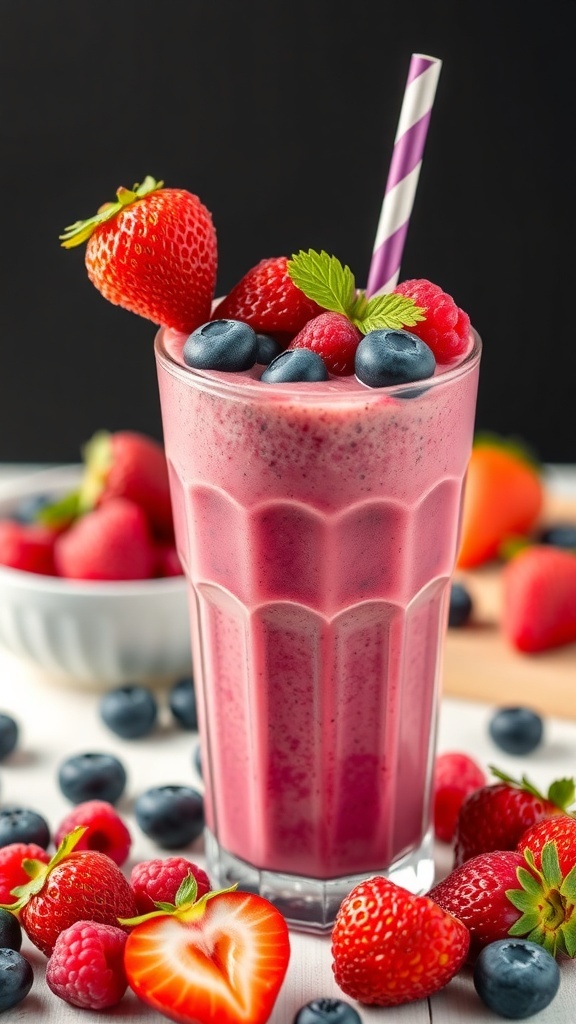 A vibrant Berry Blast Smoothie topped with fresh strawberries, blueberries, and raspberries, served in a tall glass with a striped straw.