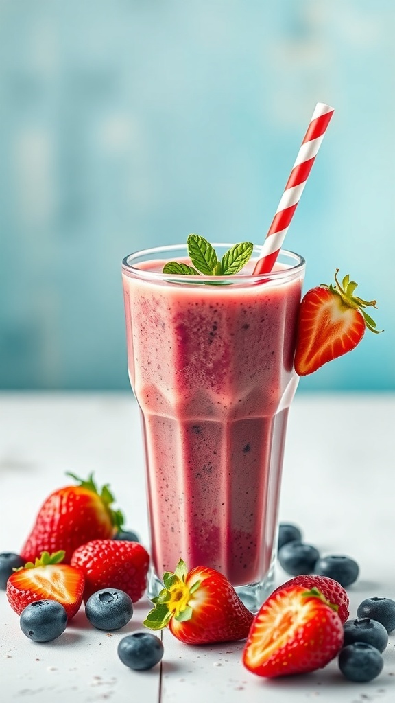A refreshing berry smoothie in a glass with a red and white striped straw, surrounded by fresh strawberries and blueberries.