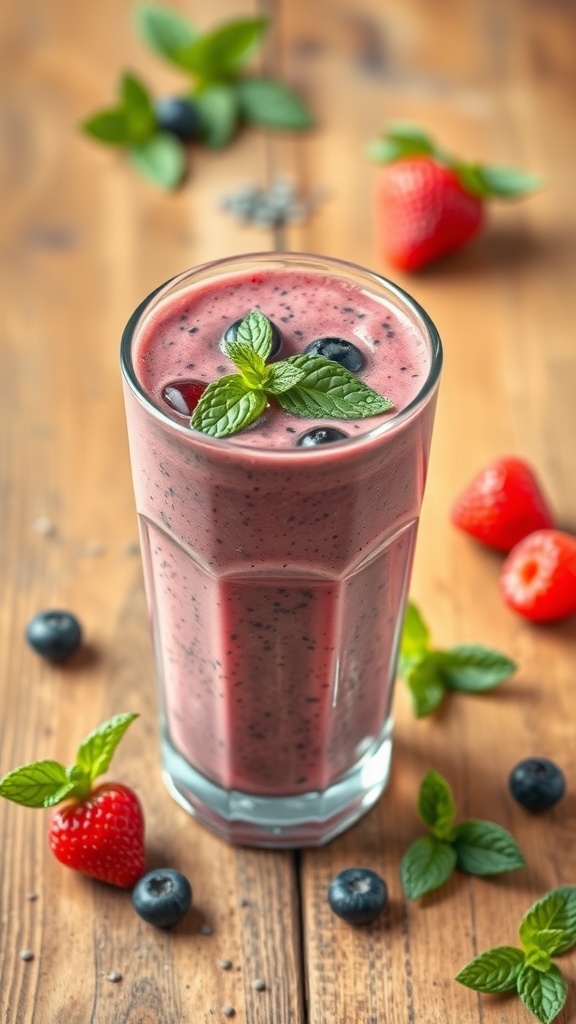 A Berry Blast Smoothie with chia seeds, topped with fresh mint leaves, surrounded by berries on a wooden table.