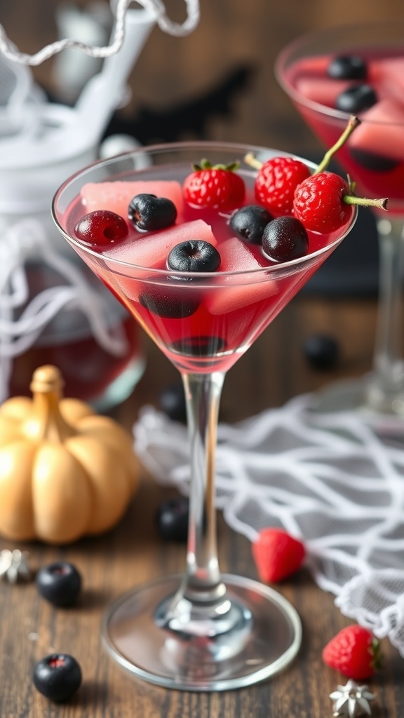 A Berry Boo-tini mocktail in a martini glass, garnished with raspberries and blueberries, featuring a bat stirrer.