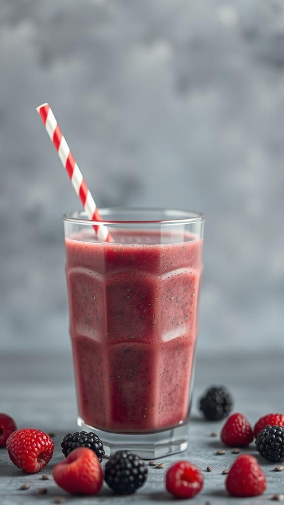 A Berry Chia Seed Smoothie in a glass with a red and white striped straw, surrounded by fresh berries.