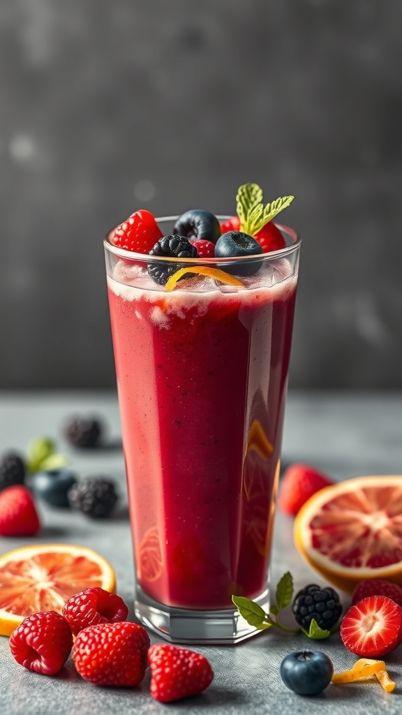 A refreshing berry citrus smoothie in a glass, garnished with fresh berries and mint.