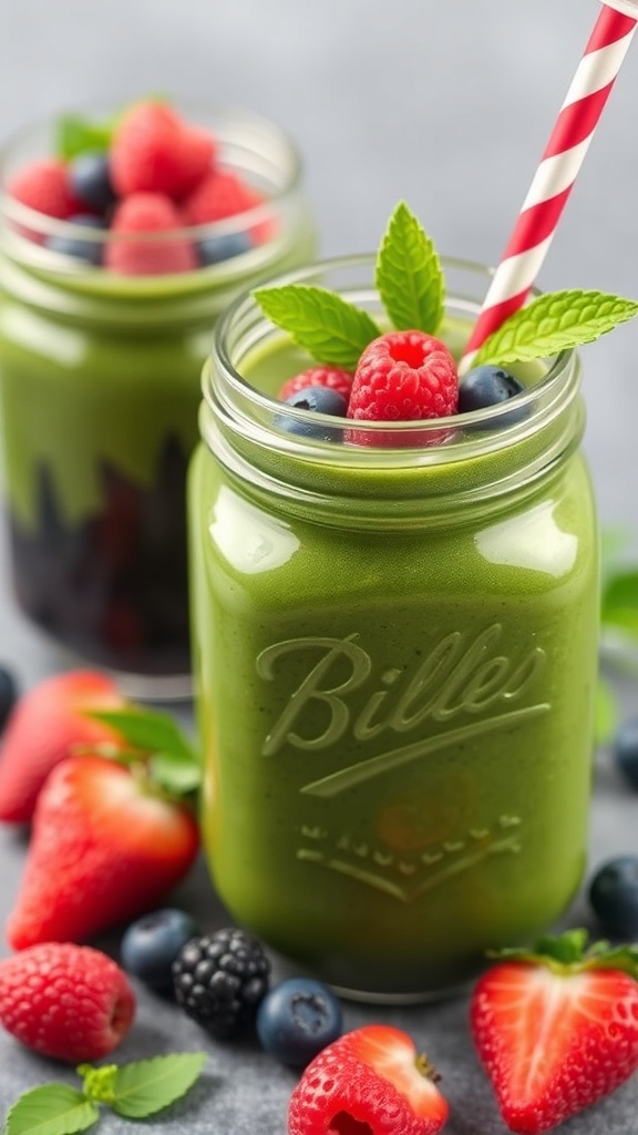 A Berry Green Detox Smoothie in a mason jar with a striped straw, surrounded by fresh berries and mint leaves.