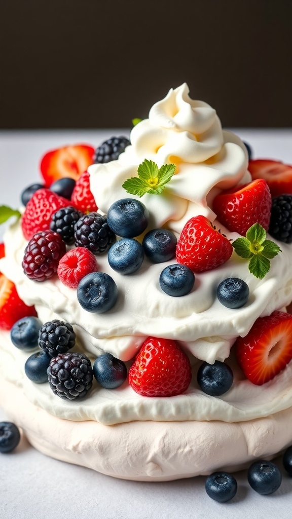 A delicious Berry Pavlova topped with whipped cream and fresh berries.