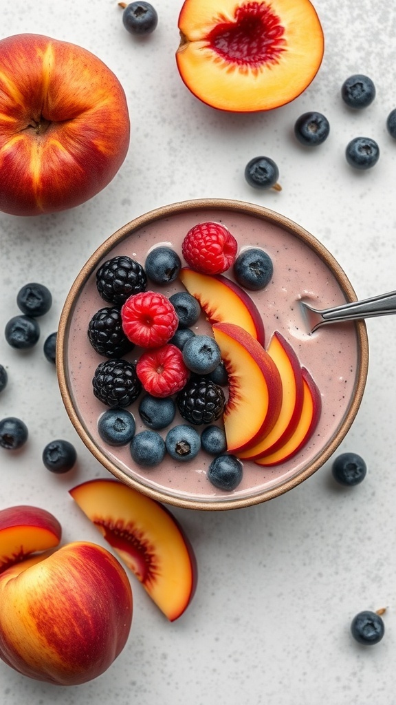 A bowl of berry peach smoothie topped with fresh fruits, surrounded by whole peaches and blueberries.