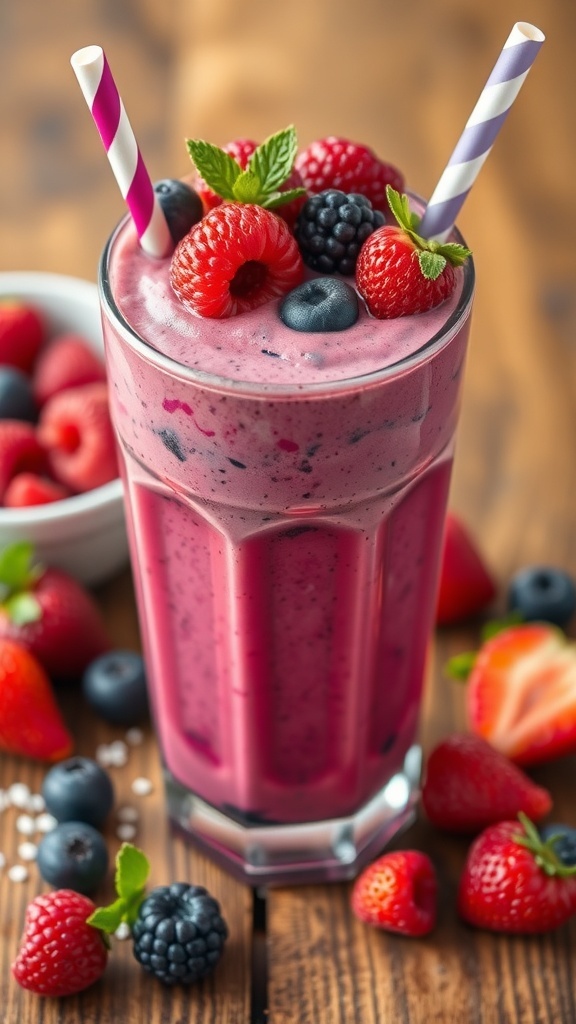 A vibrant berry smoothie topped with fresh berries and mint leaves, served in a tall glass with two straws.