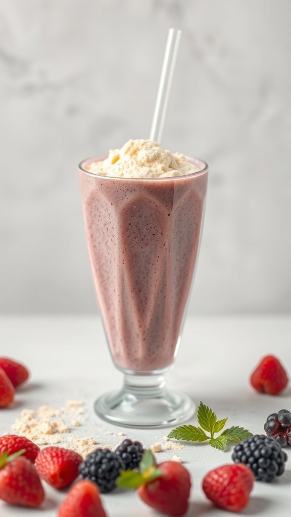 A delicious berry protein smoothie in a glass, topped with whipped cream, surrounded by fresh berries.