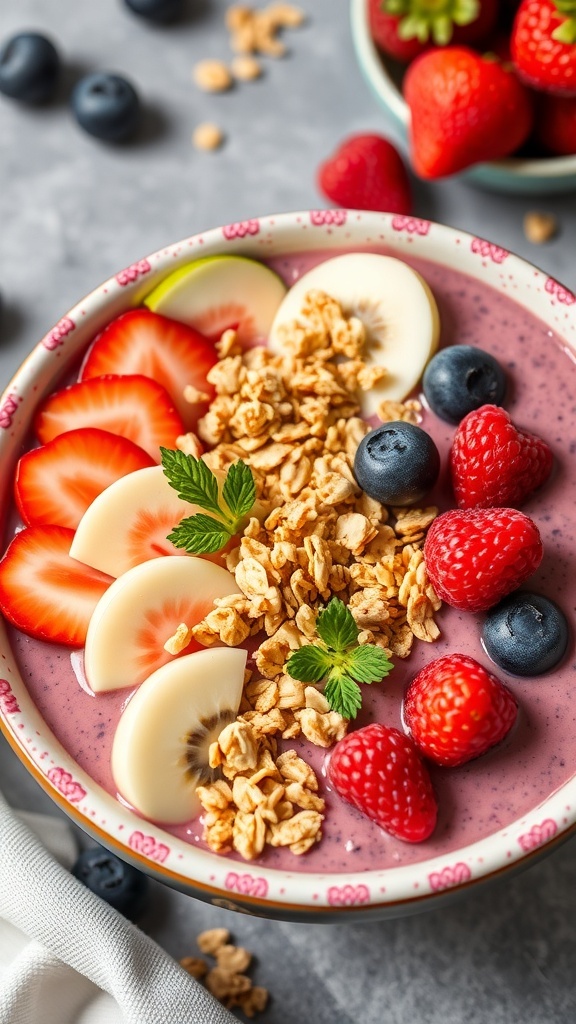 A berry smoothie bowl topped with granola, strawberries, blueberries, blackberries, and mint leaves.