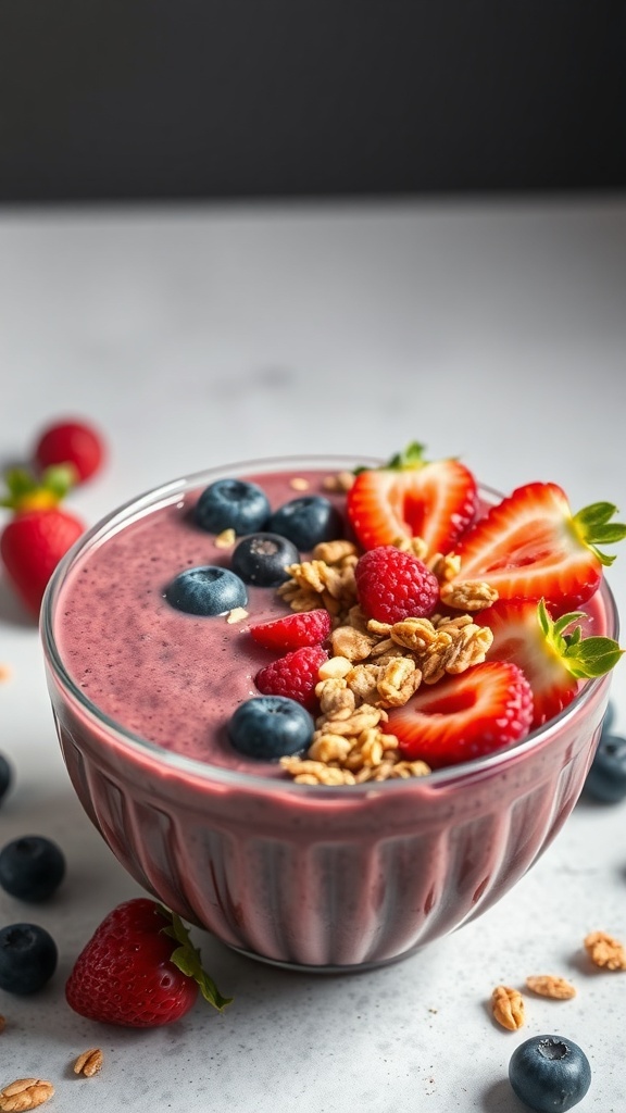 A berry smoothie bowl topped with strawberries, blueberries, and granola.