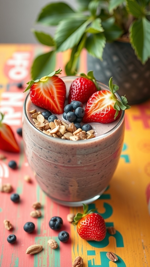 A berry smoothie bowl topped with strawberries, blueberries, and granola, served in a glass on a colorful table.