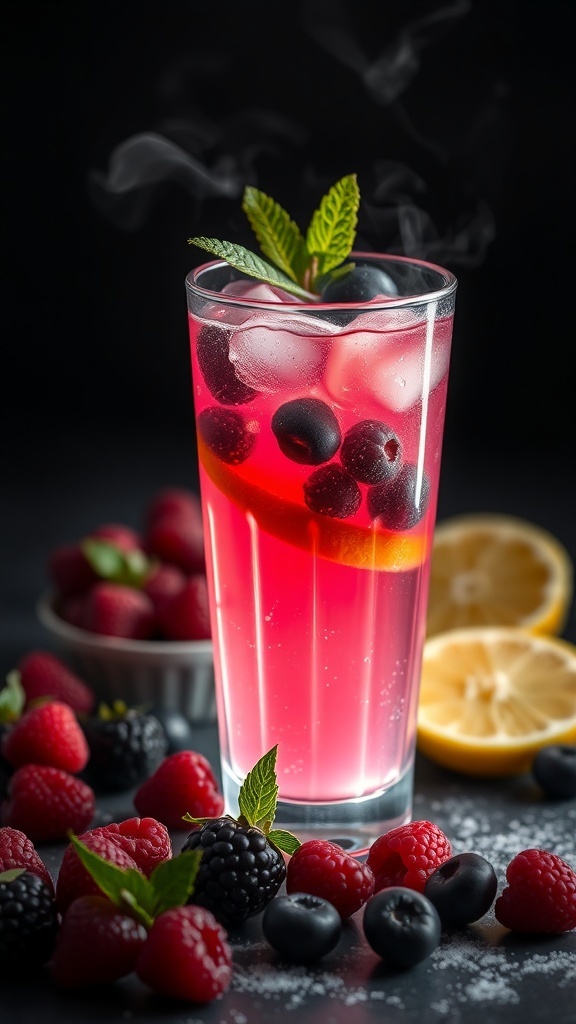 A vibrant pink lemonade mocktail with berries and mint, perfect for Halloween.