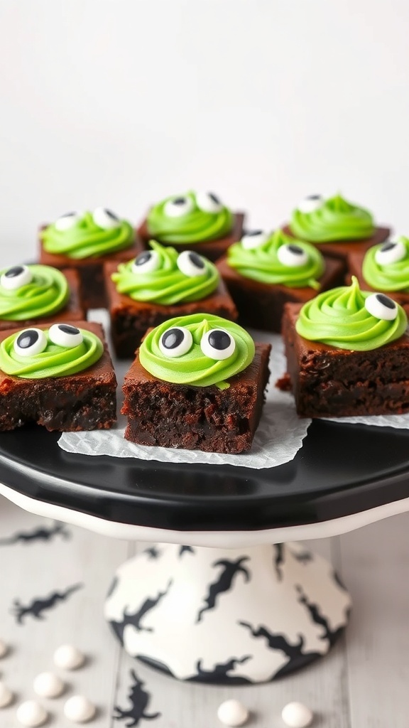 A plate of bewitched brownies topped with green frosting and candy eyes, perfect for Halloween.
