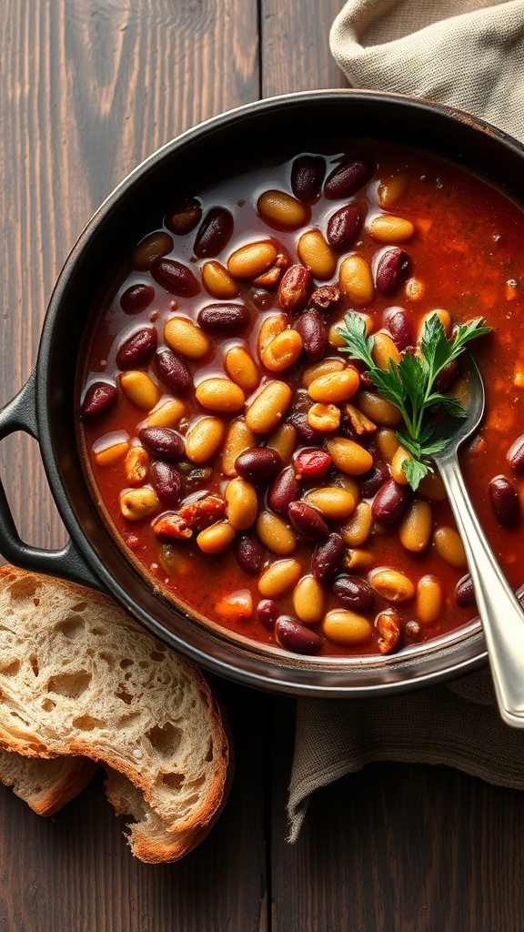 A bowl of bison and bean chili with a side of bread on a wooden table.