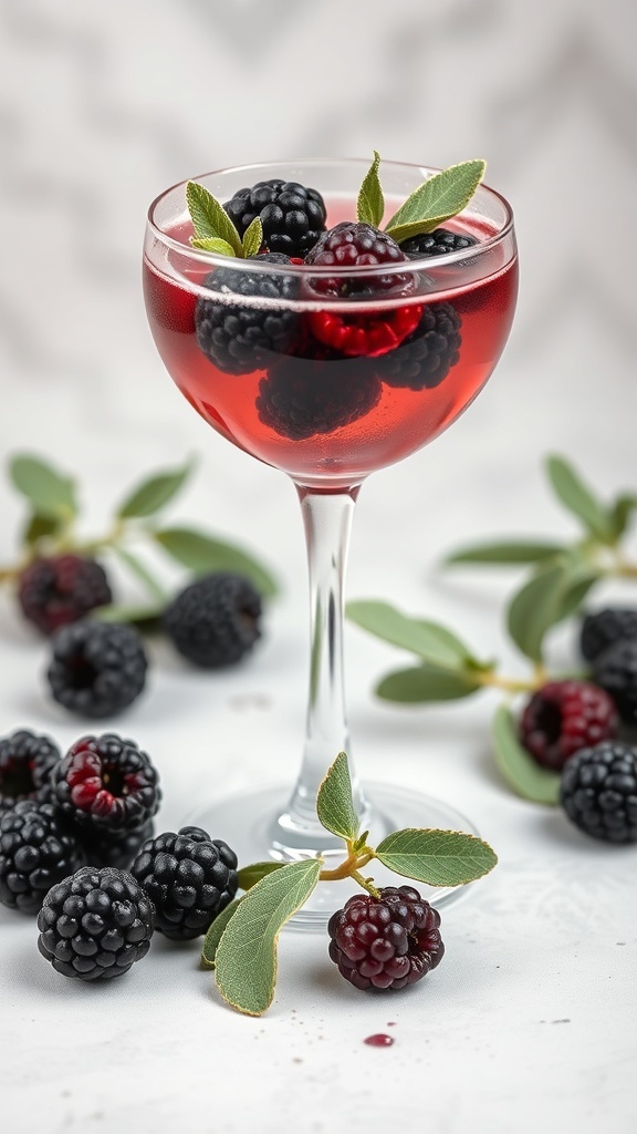 A glass of Blackberry and Sage Mocktail garnished with fresh blackberries and sage leaves.