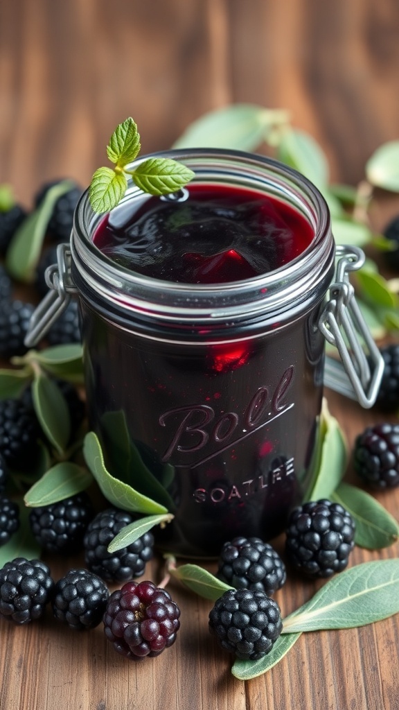 A jar of blackberry sage jam surrounded by fresh blackberries and sage leaves.