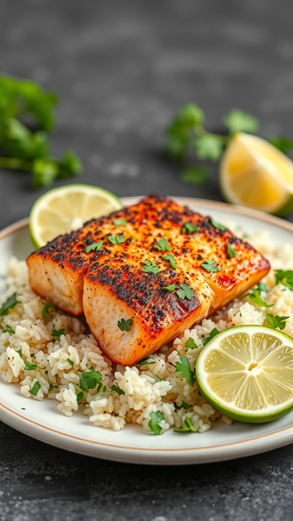 A plate of blackened salmon served on a bed of cilantro rice, garnished with lime wedges and fresh cilantro.
