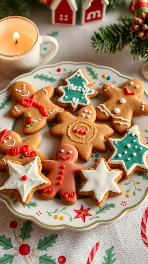 A plate of decorated gingerbread cookies in festive shapes, surrounded by holiday decorations.