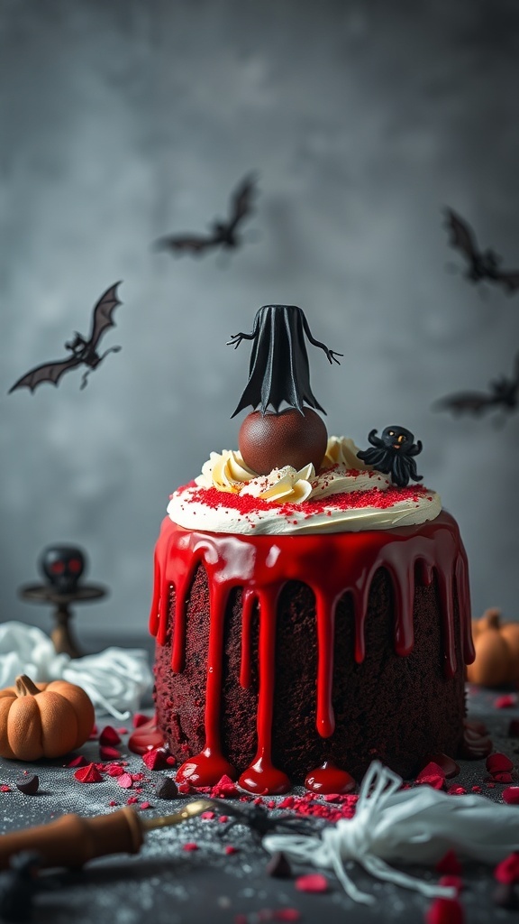 A spooky blood-red velvet cake decorated with frosting, bats, and a ghostly figure for Halloween.