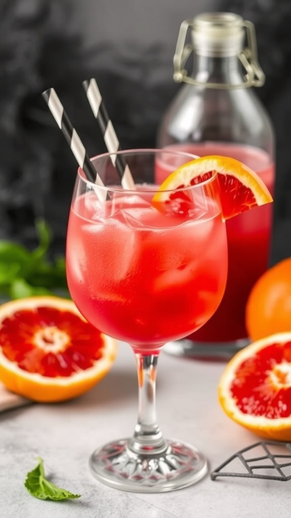 A vibrant Blood Orange Fizz mocktail garnished with a slice of blood orange, surrounded by Halloween-themed decorations.