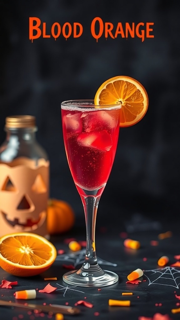 A vibrant Blood Orange Sparkler mocktail in a tall glass, garnished with a slice of blood orange, surrounded by Halloween decorations.