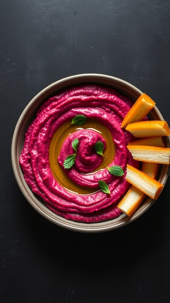 A bowl of vibrant beet hummus garnished with olive oil and served with carrot sticks.