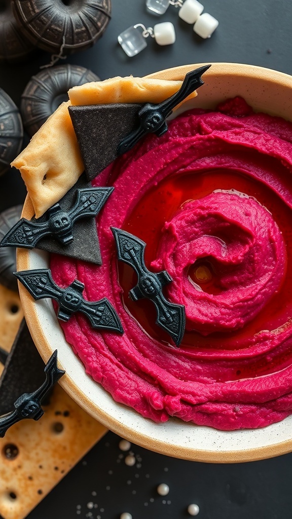 A bowl of Bloody Beetroot Hummus decorated with bat-shaped crackers and a swirl of olive oil.