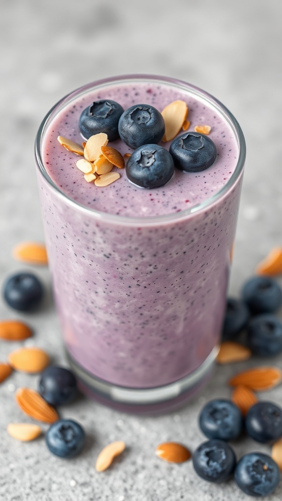 A glass of blueberry almond smoothie topped with blueberries and almond slices, surrounded by fresh blueberries and almonds.