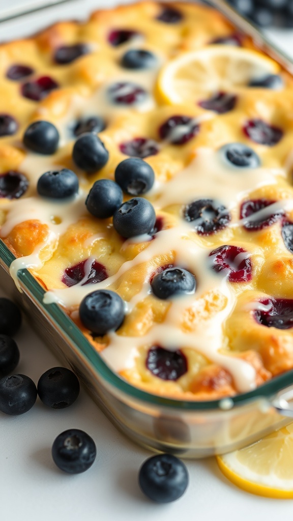 Blueberry Lemon Breakfast Casserole topped with blueberries and lemon slices