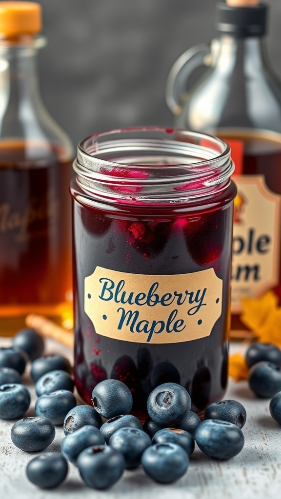 A jar of Blueberry Maple Jam with fresh blueberries and bottles of maple syrup in the background.
