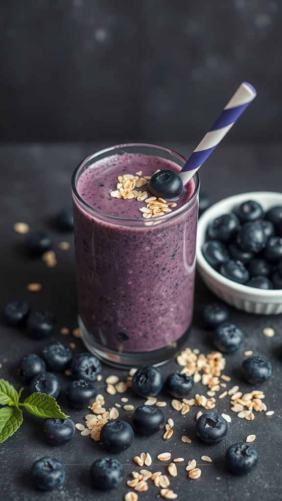 A blueberry oatmeal smoothie in a glass with oats and blueberries scattered around it.