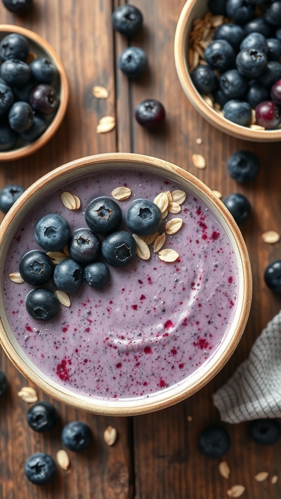 A bowl of blueberry oatmeal smoothie topped with fresh blueberries and oats on a wooden table.