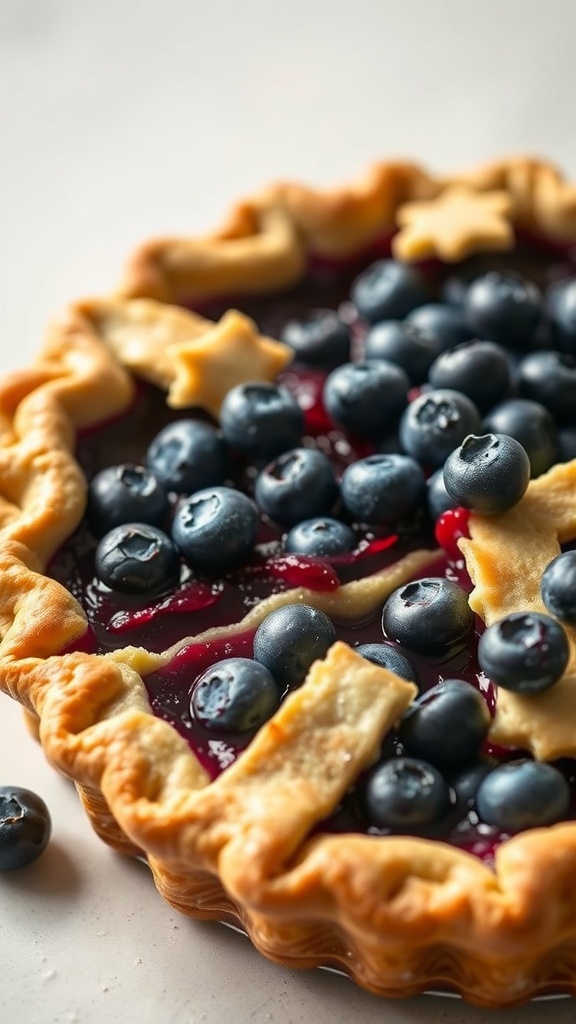 A freshly baked blueberry pie with a flaky crust, topped with fresh blueberries.