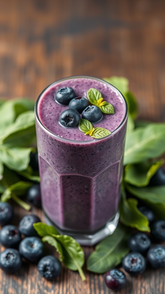 A glass of blueberry spinach smoothie topped with blueberries and mint leaves, surrounded by fresh blueberries and spinach leaves.